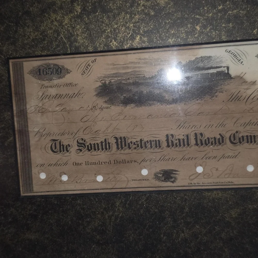 1851 Georgia South Western Rail Road Company Stock Certificate – Train Vignette